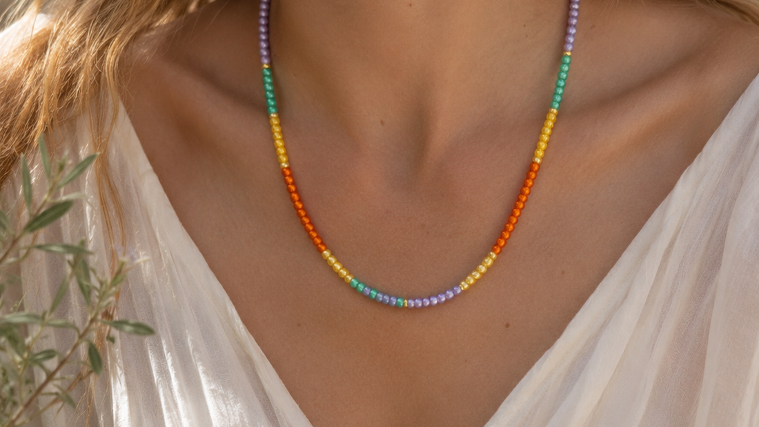 The Sunwoven Aura colorful necklace as manifestation jewelry for intention setting