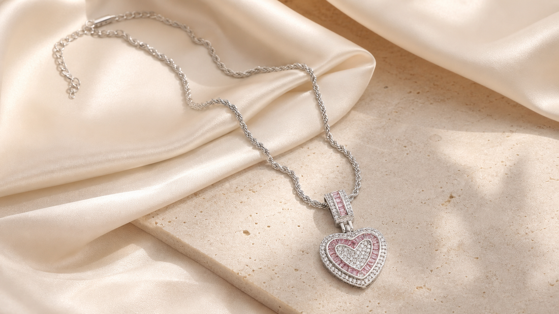 Pink-accent heart pendant necklace The Roselle Heart on ivory silk and pale stone