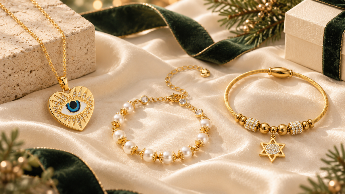 The Haloed Heart necklace, The Pearl Devotion bracelet, and The Serelune Ward bracelet arranged as Christmas jewelry gifts for her