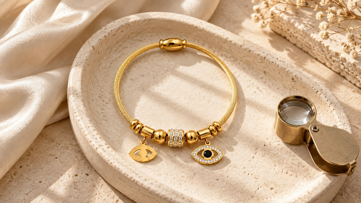 The Ilyra Ward gold-tone evil eye bracelet with two eye charms in a cream stone tray beside a jeweler's loupe