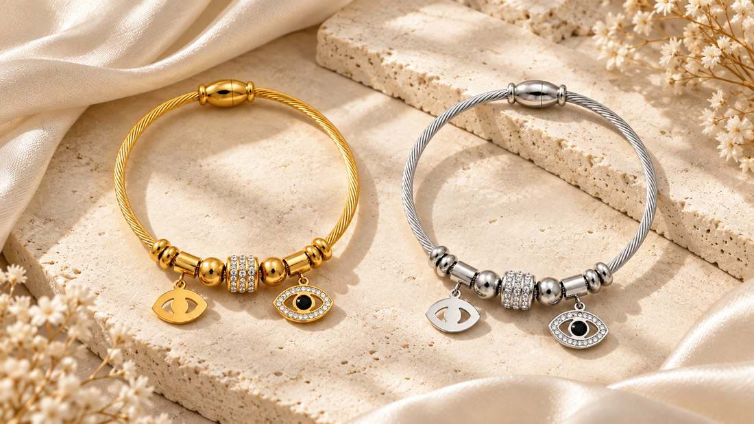 The Ilyra Ward gold and The Argent Veil silver evil eye bracelets styled for an everyday rules guide