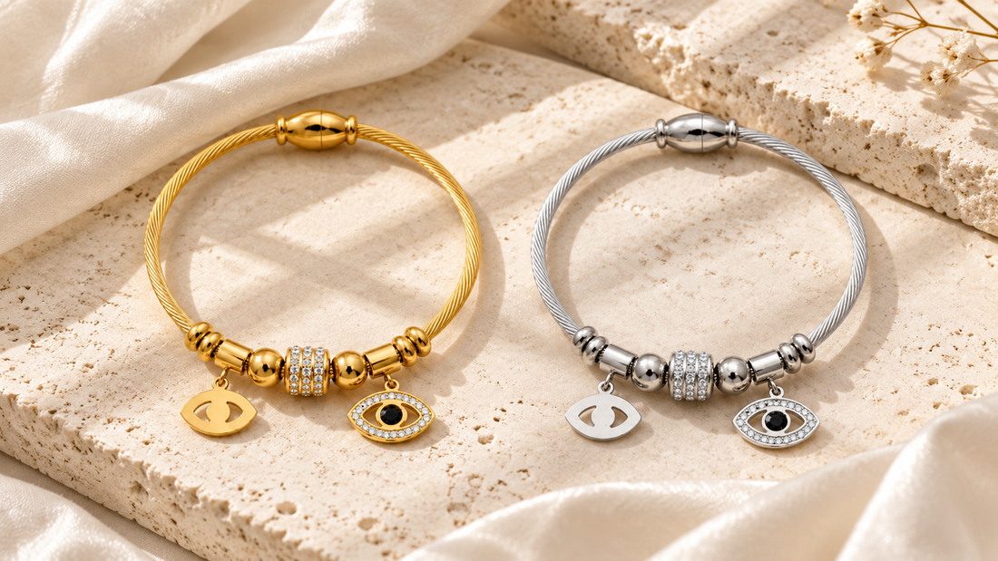The Ilyra Ward gold-tone and The Argent Veil silver-tone evil eye bracelets for a left or right wrist guide