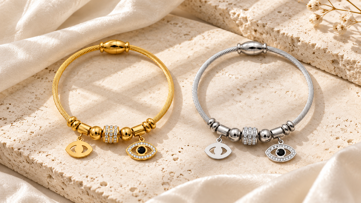 The Ilyra Ward gold-tone and The Argent Veil silver-tone evil eye bracelets for a left or right wrist guide