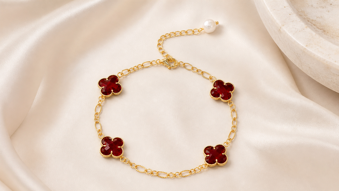 Red four-leaf clover bracelet The Crimson Clover on ivory silk