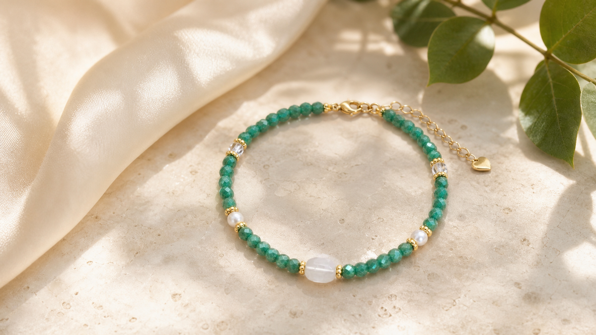 The Verdant Dawn green beaded bracelet symbolizing renewal and new beginnings
