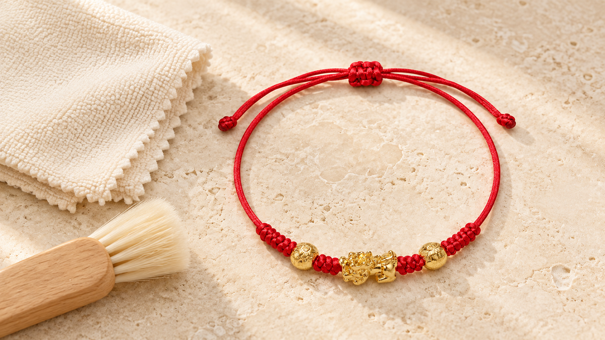 The Vermilion Fortune red string Pixiu bracelet beside a dry care cloth and soft brush