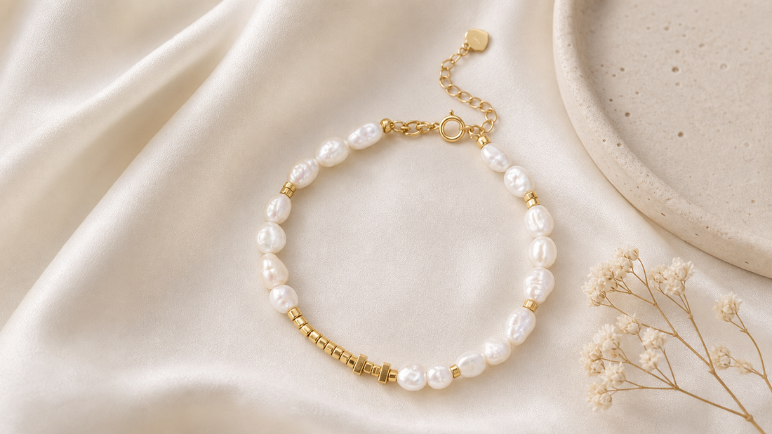 Freshwater pearl gift bracelet The Ivory Poise arranged on ivory silk
