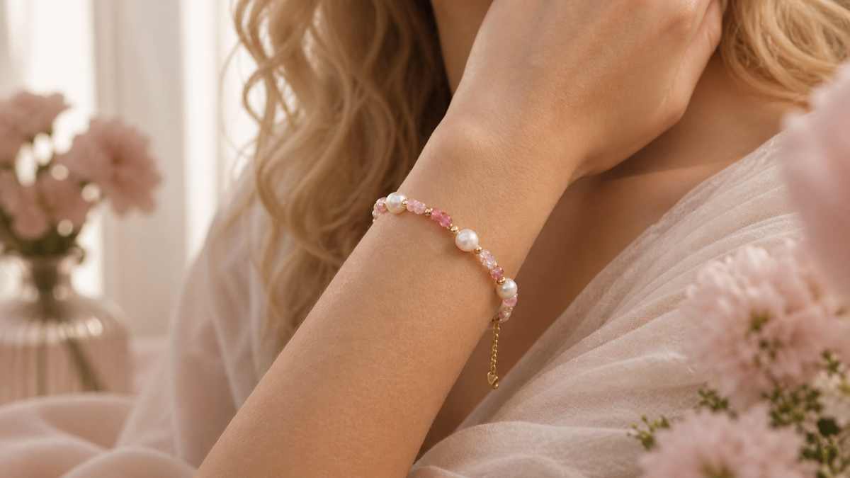 The Rosy Promise pink natural stone and freshwater pearl bracelet for self-love symbolism