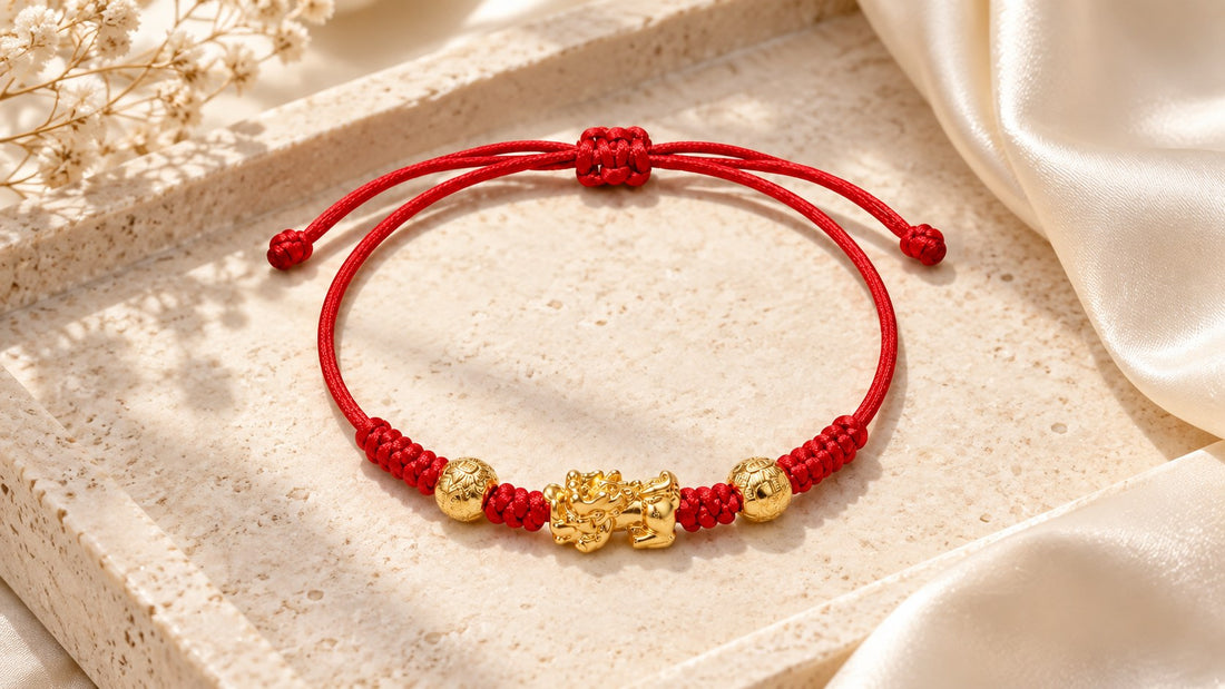 The Vermilion Fortune red string Pixiu bracelet with a gold-tone copper charm and two engraved beads on a cream stone tray