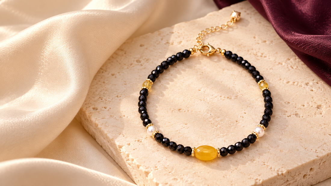 The Obsidian Sun black obsidian and citrine bracelet styled for a Scorpio crystal guide