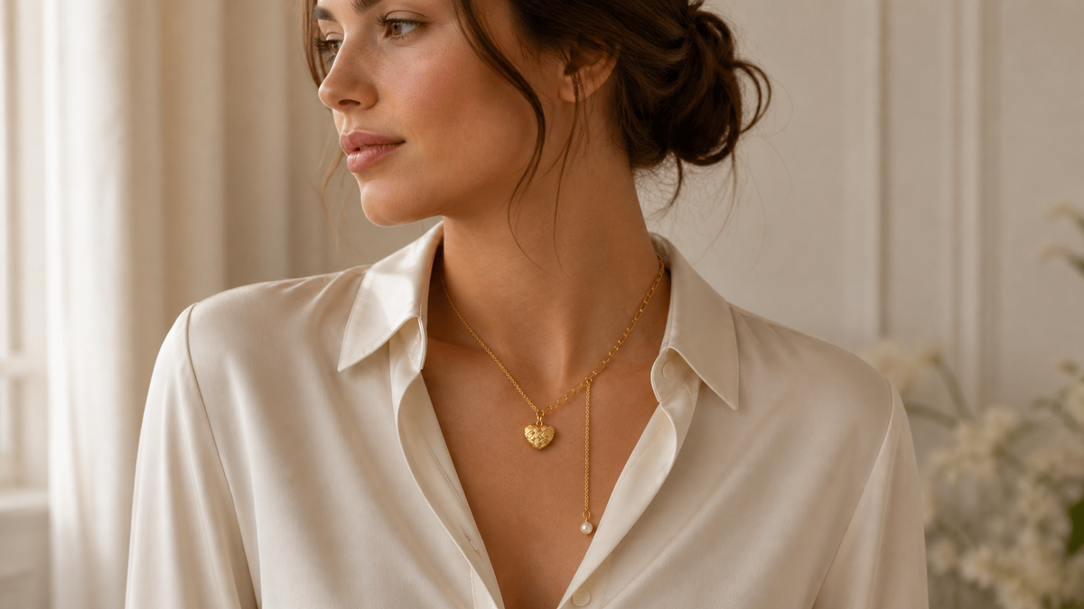 Woman wearing The Gilded Vow gold-tone heart lariat necklace with pearl-style drop