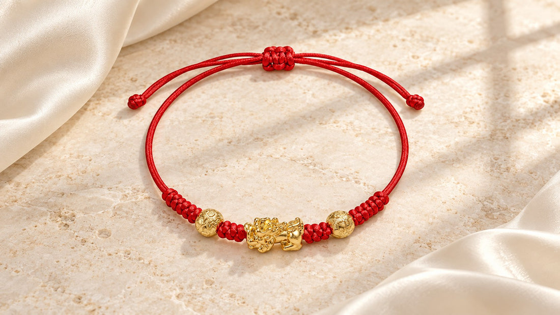 Red string Pixiu bracelet with gold-tone copper charm displayed on warm stone