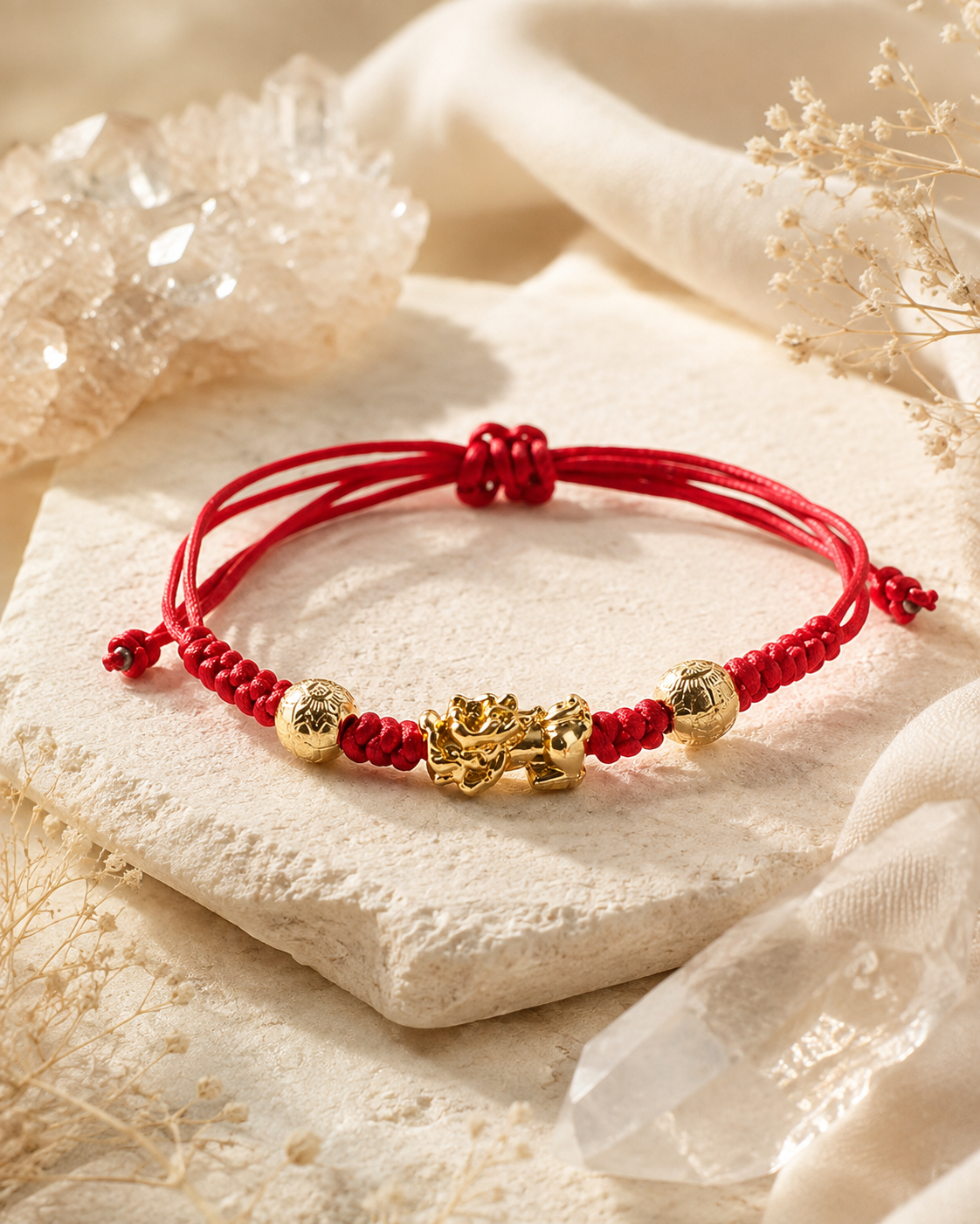 Red string Pixiu bracelet displayed on a stone tray in warm natural light
