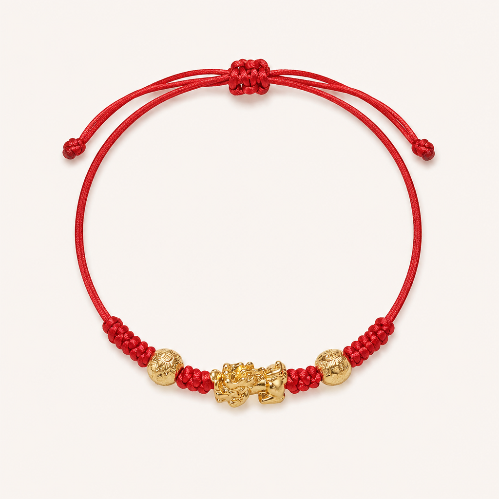 Red string Pixiu bracelet with a gold-tone charm and two engraved beads