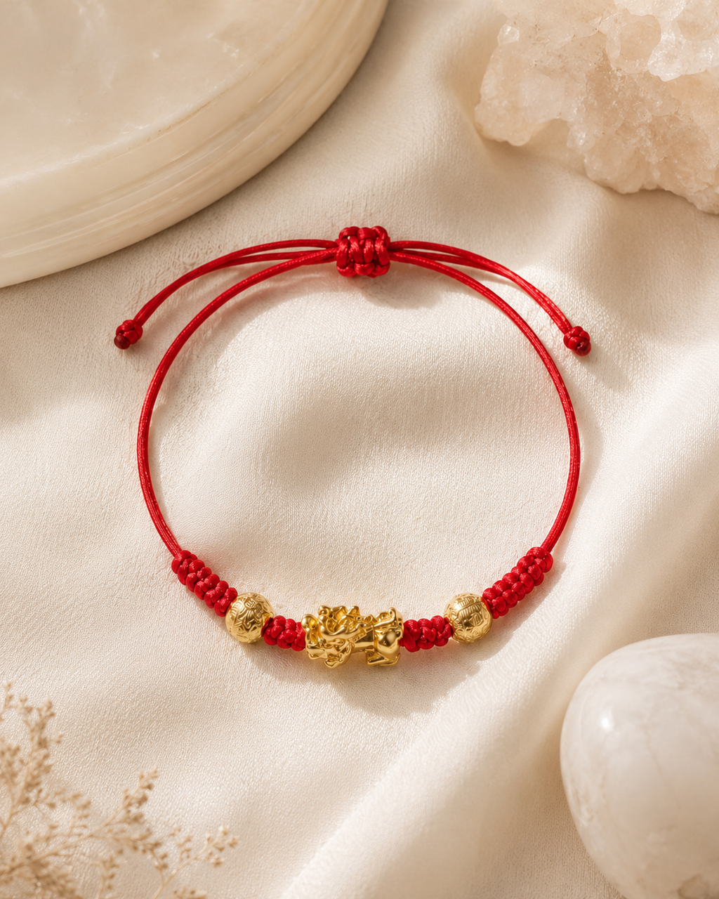 Adjustable Pixiu bracelet with red cord and gold-tone beads on satin