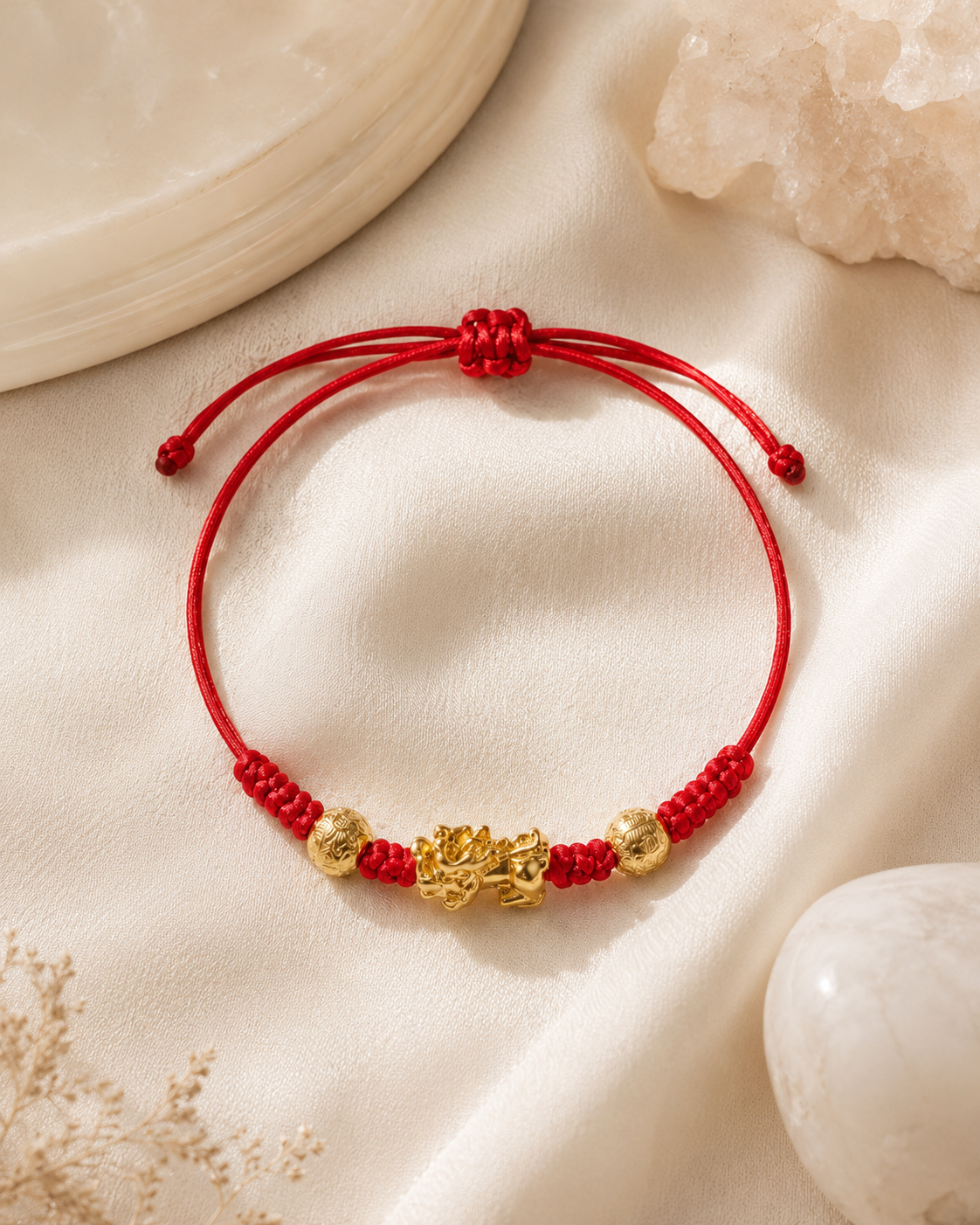 Adjustable Pixiu bracelet with red cord and gold-tone beads on satin