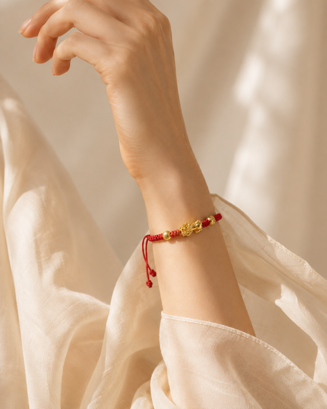Red string Pixiu bracelet worn on the wrist with an ivory sleeve
