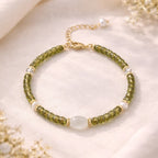The Moss Veil green Natural Stone and Freshwater Pearl bracelet for grounding and renewal, close-up detail image
