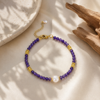 The Plum Serenity purple Natural Stone bracelet with Freshwater Pearl bead and crystal charm on satin